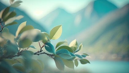 Wall Mural -  a tree branch with leaves and a mountain in the background with a lake in the foreground and mountains in the background with a blue sky.  generative ai