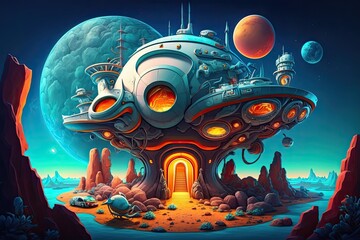 Wall Mural - Science fiction universe. Imaginary, non material place where fiction takes place. vibrant scenery. Generative AI