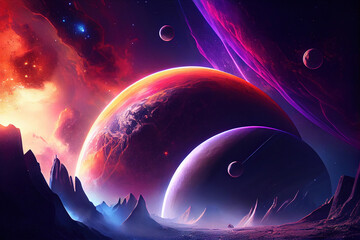 Wall Mural - Planets in the night sky looming over an uncharted planet. Stars and galaxies in the night sky