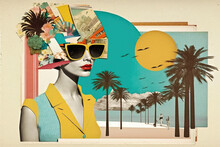 Fashion Woman Wearing 60s Retro Style Dress And Sunglasses. Travel Landscape. Generative AI