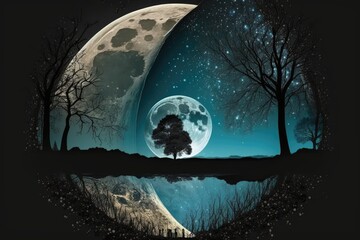 Wall Mural - Areas below the Moon. Observing the waning moon (half moon, crescent) via a telescope's shadow of a barren tree; the moon's reflection in a puddle; the glow and dazzle of the woodland and the moon