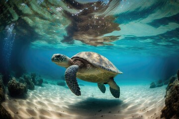 Poster - A marine turtle swims above the sandy seafloor. the exotic island's natural sea tropical. Water is blue, and so is the turtle's habitat of the olive ridley. Turtling along in a tropical lagoon is a gr