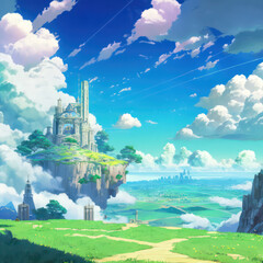 Wall Mural - Sky castle. Digital art. Illustration style. Anime style. Generative AI.