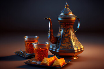 Wall Mural - Amazing Ramadan kareem. Tea glasses and pot, traditional delight baklava. Generative Ai