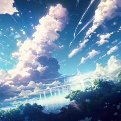 Wall Mural - Beautiful anime wallpaper about sky view with glamorous rays. Generative AI.