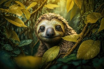 Sticker - Highly defined sloth photography in tropical jungle. Generative AI