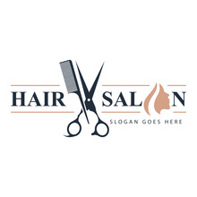 Scissors And Comb Icon Salon Logo Design Template. Hairstyle, Beautiful Haircut With Scissors And Woman Face Vector.