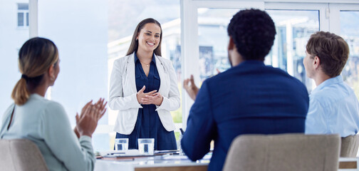 Poster - Business people, presentation in meeting with applause and speaker, support and team work, diversity in conference room. Collaboration, leadership and motivation with happy group, success and pride