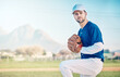 Sports athlete, baseball field and man focus on competition mock up, practice match or pitcher training workout. Softball, grass pitch and mockup player doing fitness, exercise or pitching challenge