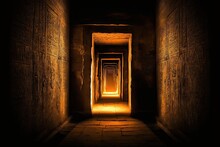 Egypt Aswan, Egypt, At The Temple Of Edfu. Down This Little Hallway, Lit By The Orange Glow Of A Door, Are Two Blazing Walls Covered In Egyptian Hieroglyphs. Generative AI