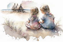 Two Little Girls Sitting On A Beach With An Abandoned House In The Background Watercolor, Generative AI