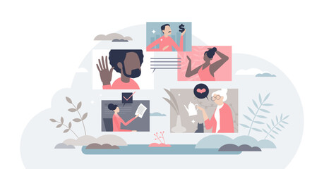 Wall Mural - Diverse people online video call as distant communication tiny person concept, transparent background. Virtual conversation and distance talking session with various social groups illustration.