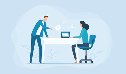 Poster - group business team meeting and working collaboration in office workplace concept. flat vector illustration