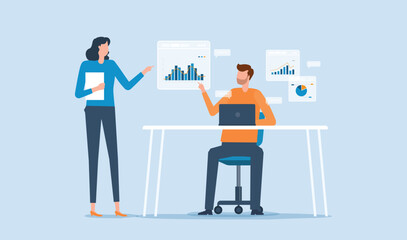 Wall Mural - flat vector  business people team meeting for analytics and monitoring  business graph report dashboard concept and business finance investment planning.