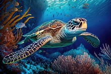 The Hawksbill Sea Turtle Is Often Seen Among The Coral Reefs. Bali, Indonesia's Undersea World. Generative AI