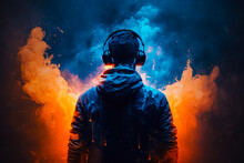 The Silhouette Of Man Wearing Headphones And Standing In Front Of An Explosion. Generative AI.