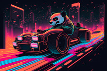 An Image Of Panda Driving Car At Night. Generative AI.