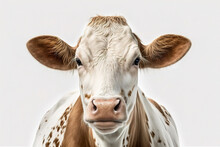 AI Spotted Cow Looking At Camera Against White Background