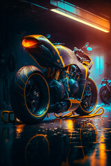 Sticker - Motorcycle is parked in garage at night. Generative AI.