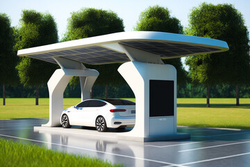 Wall Mural - White car is parked in front of solar powered charging station. Generative AI.