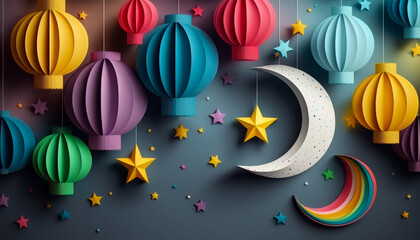 Sticker - Colorful paper lanterns with stars, moon and crescent on dark background. Generative AI.