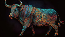 Abstract Ornate Colorful Bull On The Dark Background, Generative Ai