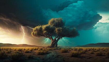 Canvas Print - Tree in the middle of desert with lightning. Generative AI.