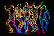 Group of people dancing in neon colors on black background. Generative AI.