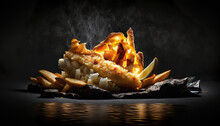 Fish And Chips On Dark Background, Generative Ai