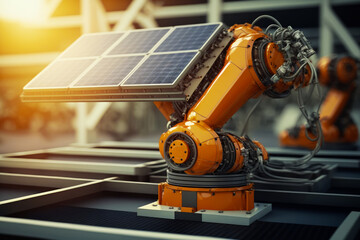 Poster - An orange robot with solar panels on it. Generative AI.