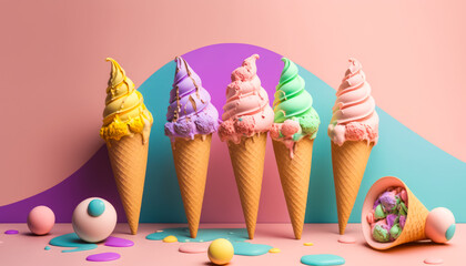 Wall Mural - Colorful ice cream cones on pink and purple background. Generative AI.