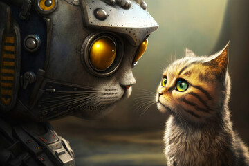 Sticker - Cat and robot looking at each other. Generative AI.