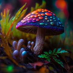 Sticker - Colorful mushroom is sitting on the ground in the dark. Generative AI.