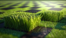  A Close Up Of A Grass Patch On A Checkered Floor With A Black And White Checkerboard Pattern In The Backround.  Generative Ai
