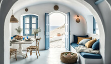 Beautiful Interior Of A Greek Beach House Room, Generative Ai