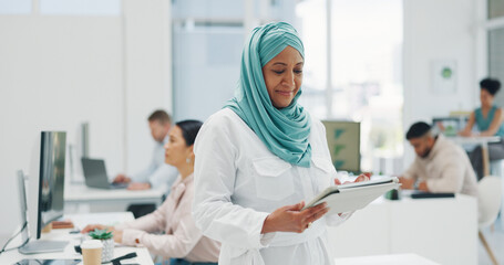Fototapete - Office, business and muslim woman on tablet for research, internet browsing or social media. Technology, break and mature Islamic female holding touchscreen for networking, typing or writing email.