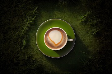 Wall Mural - Aromatic Roasted Coffee Cup Over Fresh Green Grass. A Beautiful Lifestyle Break for a Sharpened Cup of Cappuccino: Generative AI