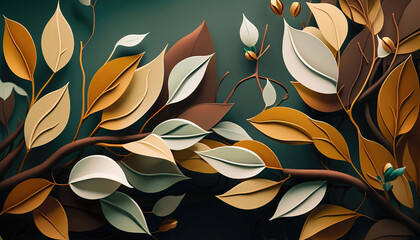 Wall Mural - golden autumn leaves background, beautiful luxury floral wallpaper design, generative ai