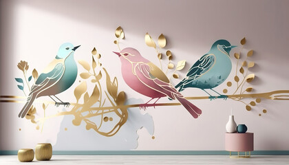 Poster - happy funny living room wallpaper design with bird on a branch, generative ai