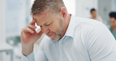 Canvas Print - Stress, burnout and man with depression in office, tired and exhausted. Mental health, anxiety and sad mature male with migraine, headache or depressed after failure, mistake or error in workplace.