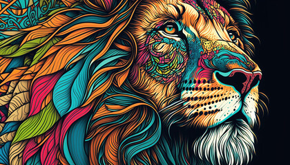 lion head tattoo style, colorful wallpaper design, generative ai