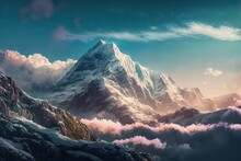 Beautiful Mountains Surrounded By Clouds. Wildlife, Alps, Snowy Peak.