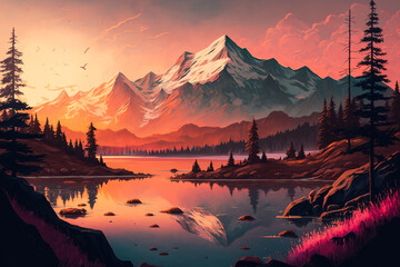 Canvas Print - mountains, trees and water at sunset. Generative AI.