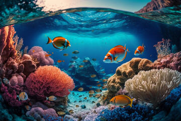 Poster - An underwater view of coral reef with fish. Generative AI.