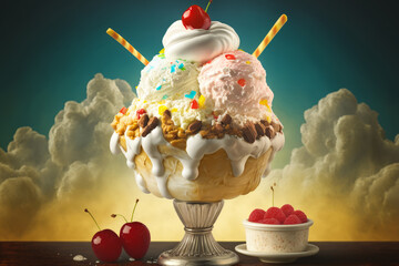 Poster - An ice cream sundae with cherries and whipped cream. Generative AI.