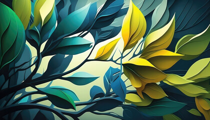 Wall Mural - wallpaper design, floral leaf background with flowers, light blue and green and yellow fresh spring colors, generative ai