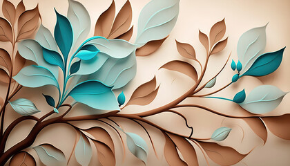 Wall Mural - wallpaper design, floral background with flowers, light blue and warm earth colors, generative ai