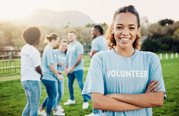 Wall Mural - Woman in portrait, volunteer and smile with eco friendly help, environment and sustainability, green and waste management. Cleaning, charity and team leader with happiness and community service