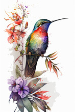 Watercolor Hummingbird On A Branch With Flowers, White Background, Generative AI  Finalized In Photoshop By Me 