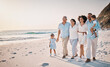 © Jesse Bettencourt/peopleimages.com - Family, grandparents and children walking on beach for holiday, vacation and bonding on weekend trip. Travel mockup, summer and kids holding hands with mom and dad for adventure, sunset and relax